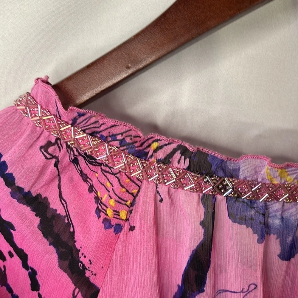 Harlow Zee Boho Beaded Pink Floral Top Blouse Small